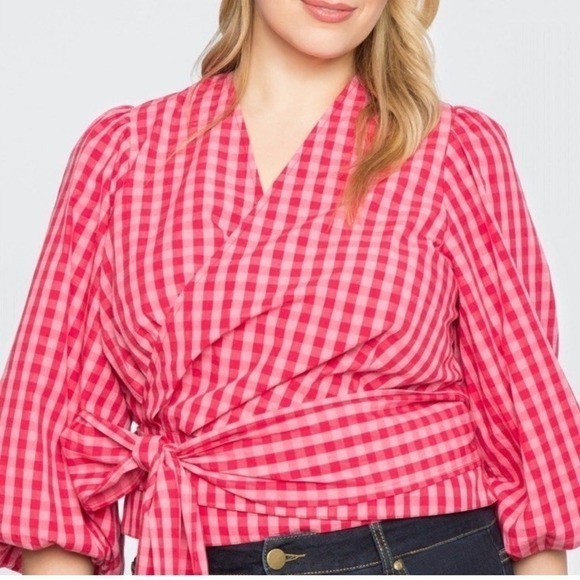 Draper James Eloquii Red & White Gingham Print Blouse 14 Rockabilly Coquette - Picture 2 of 10